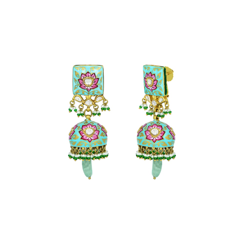 Lotus Enamel Jhumkas with Polkis and Russian Emerald Drops